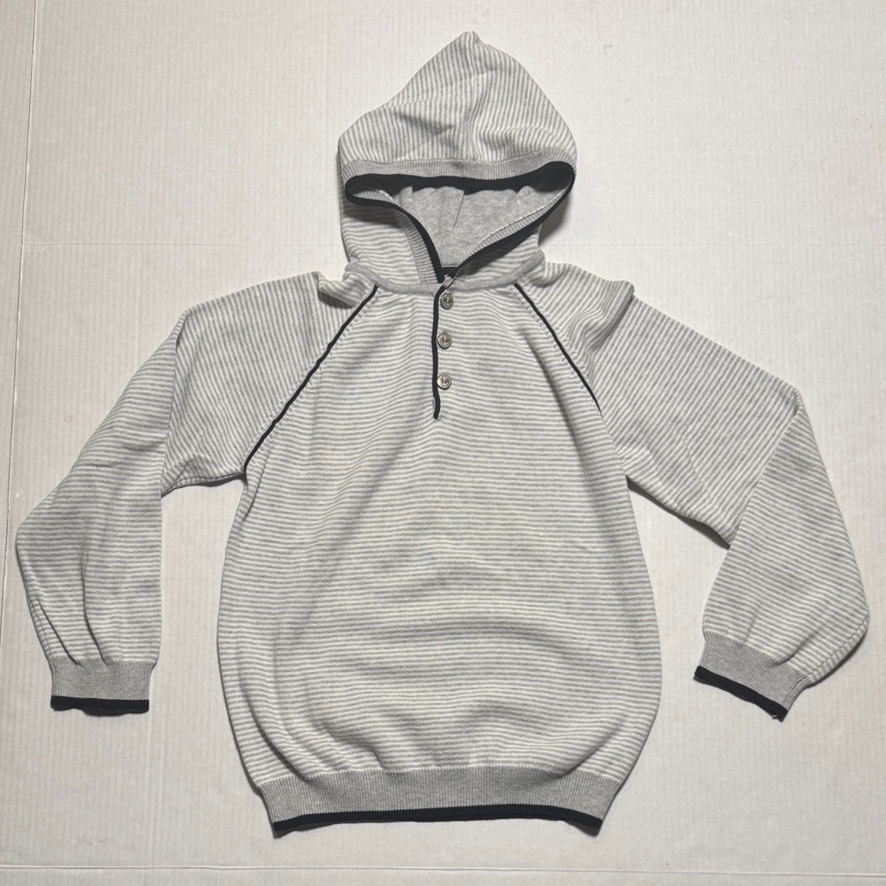 JACADI Paris Boys 12Y Gray Striped Hoodie Cotton Long Raglan‎ Sleeve Pullover
